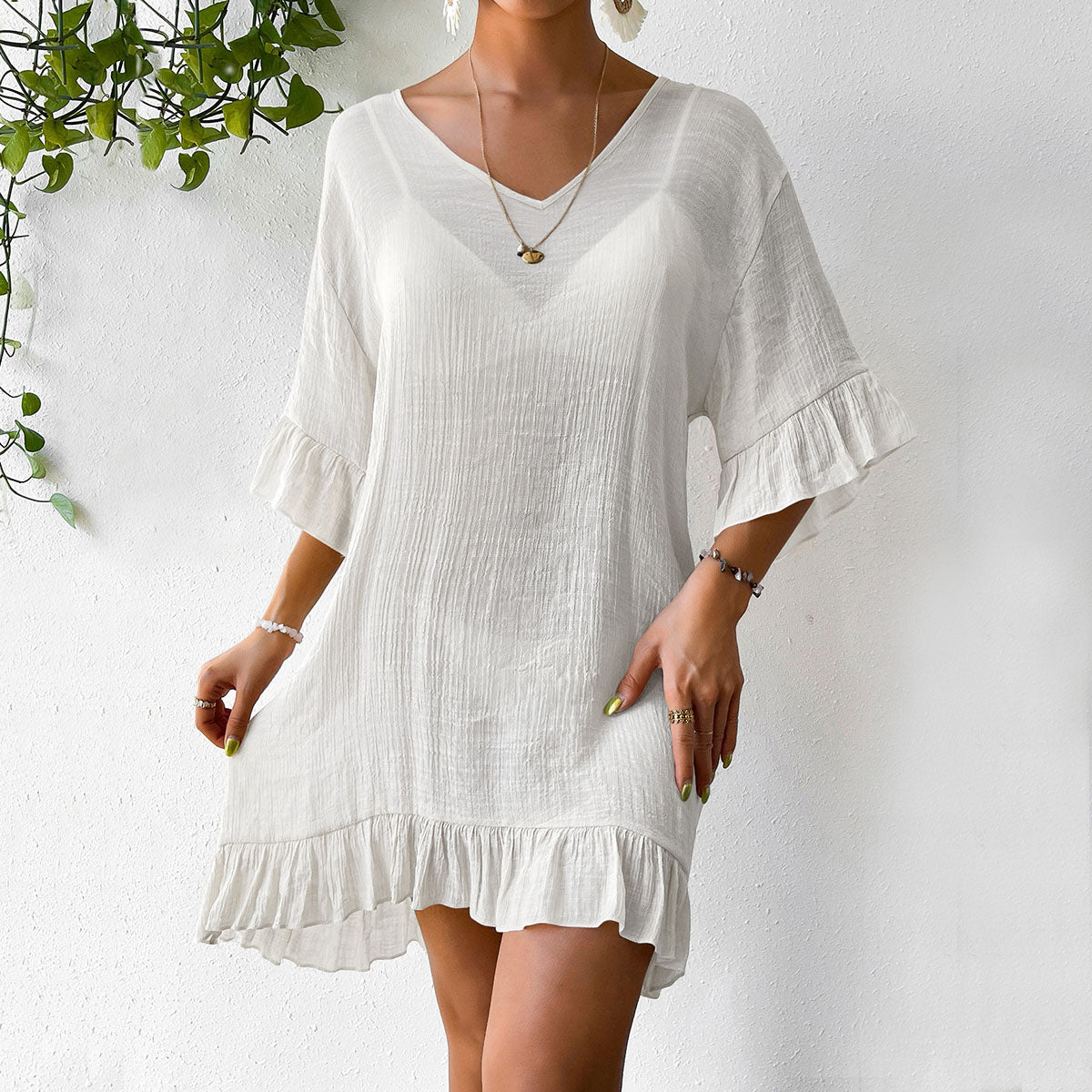 New V Neck Flare Sleeve Back Butterfly Print Sun Protection Dress, Bestseller Beach Cover Up Dress For Amazon