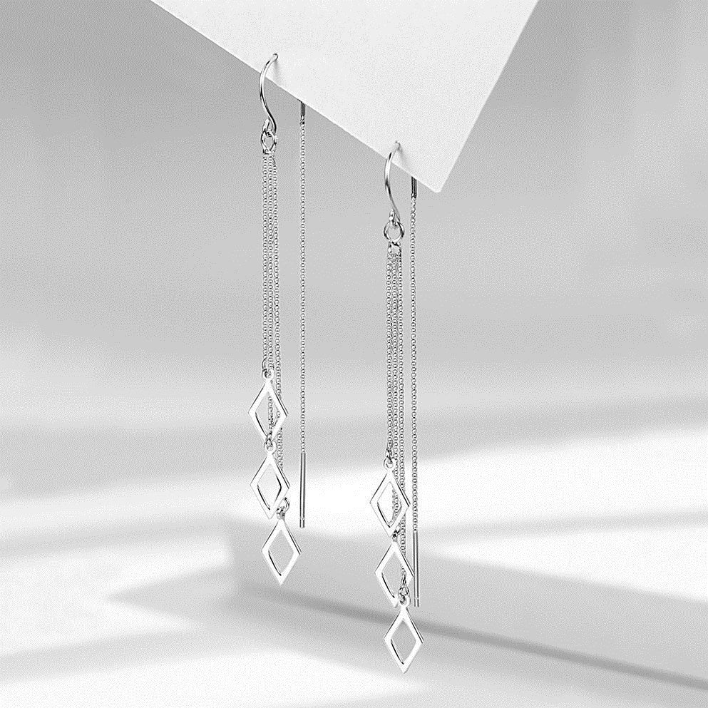 1 Pair 999 Sterling Silver Hollow Rhombus Long Tassel Threader Earrings, Minimalist & Elegant, Perfect For Daily, Dating & Business, Ideal Valentine's Gift