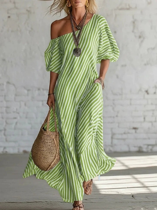European And American Cross-border Amazon Independent Site Women's Fashion Spring Elegant Striped Off-shoulder Dress