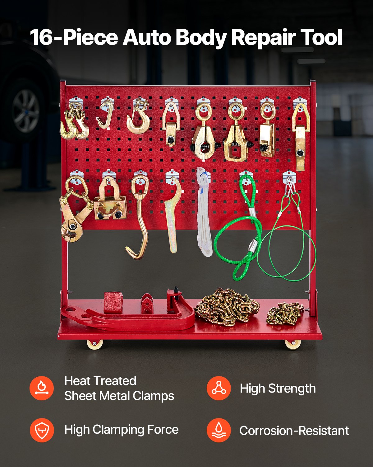 Auto Body Frame Puller Straightener, 6T Tension Car Body Repair Equipment With 6000PSI Hydraulic Foot Pump & Swivel Post, Includes 16 Straightening Tools, For Auto Repair Shop, Sedan SUV Pickup