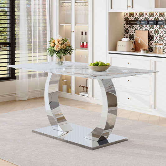 Transformable Heavy-Duty Stainless Steel Base In Silver 63in X 35in Dining Table  Luxury Pandora White Pattern Tempered Glass Rock Top For Kitchen Dining Room