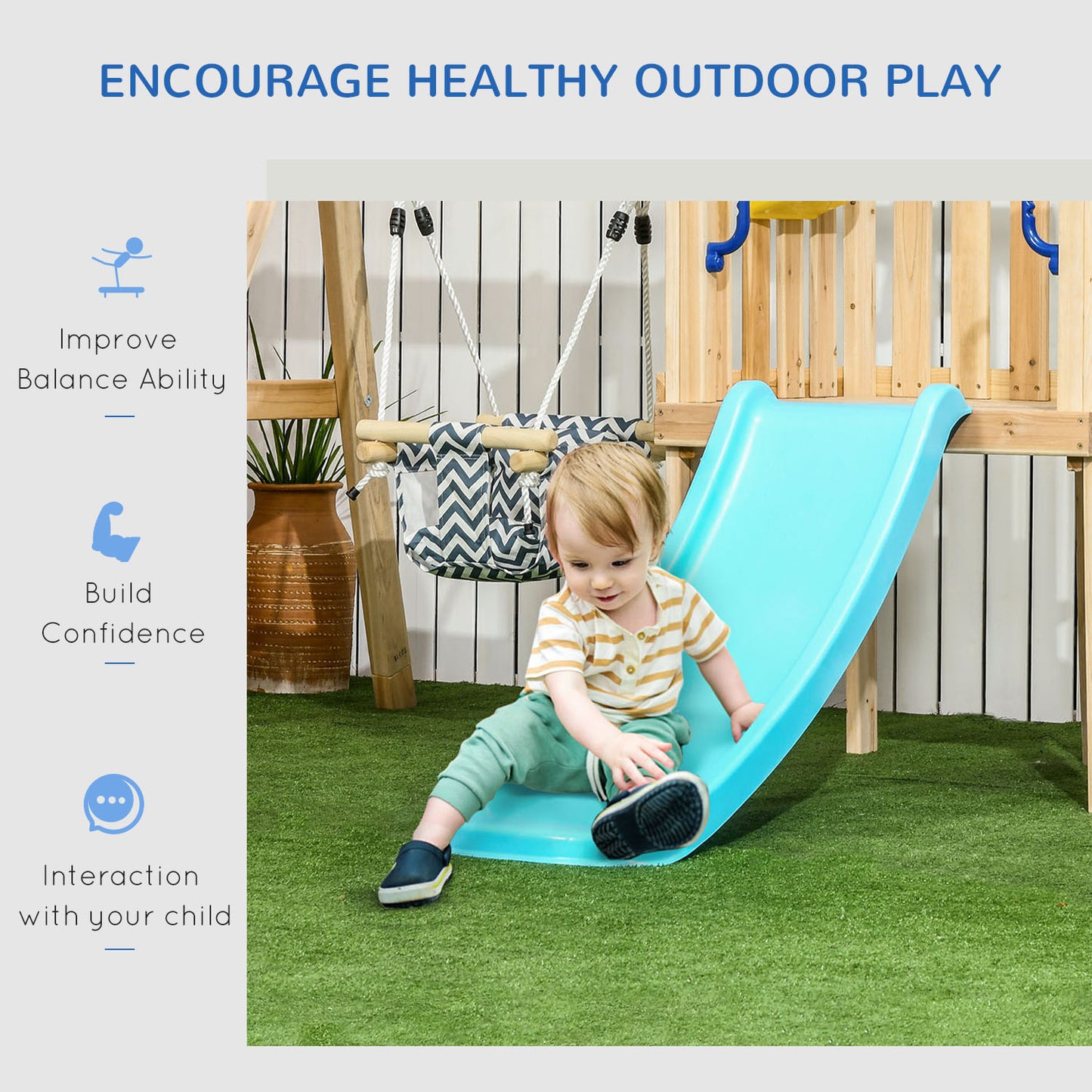 Swing Set for Backyard, Wooden Toddler Outdoor Playset with Baby Swing Seat, Kids Slide, Fort, Playground Equipment with Captains Wheel, Telescope for Ages 1.5-4, Natural