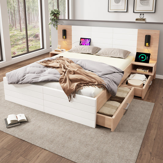 Double Bed Wooden Bed Bed160x200cm With 2 Drawers, Headboard Reading Light With USB Charging Function, Modern Bed Incl. 2 Bedside Dressers, Bed Frame & Slatted Frame235x80x207cm Set In Oak White  With