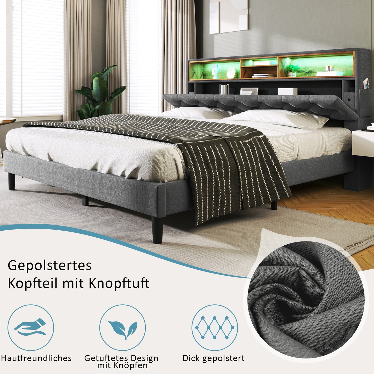 Upholstered Bed Double Bed Storage Headboard Bed With LED Lighting Bed Frame Wooden Slatted Frame,140x200CM Grey Without Mattress