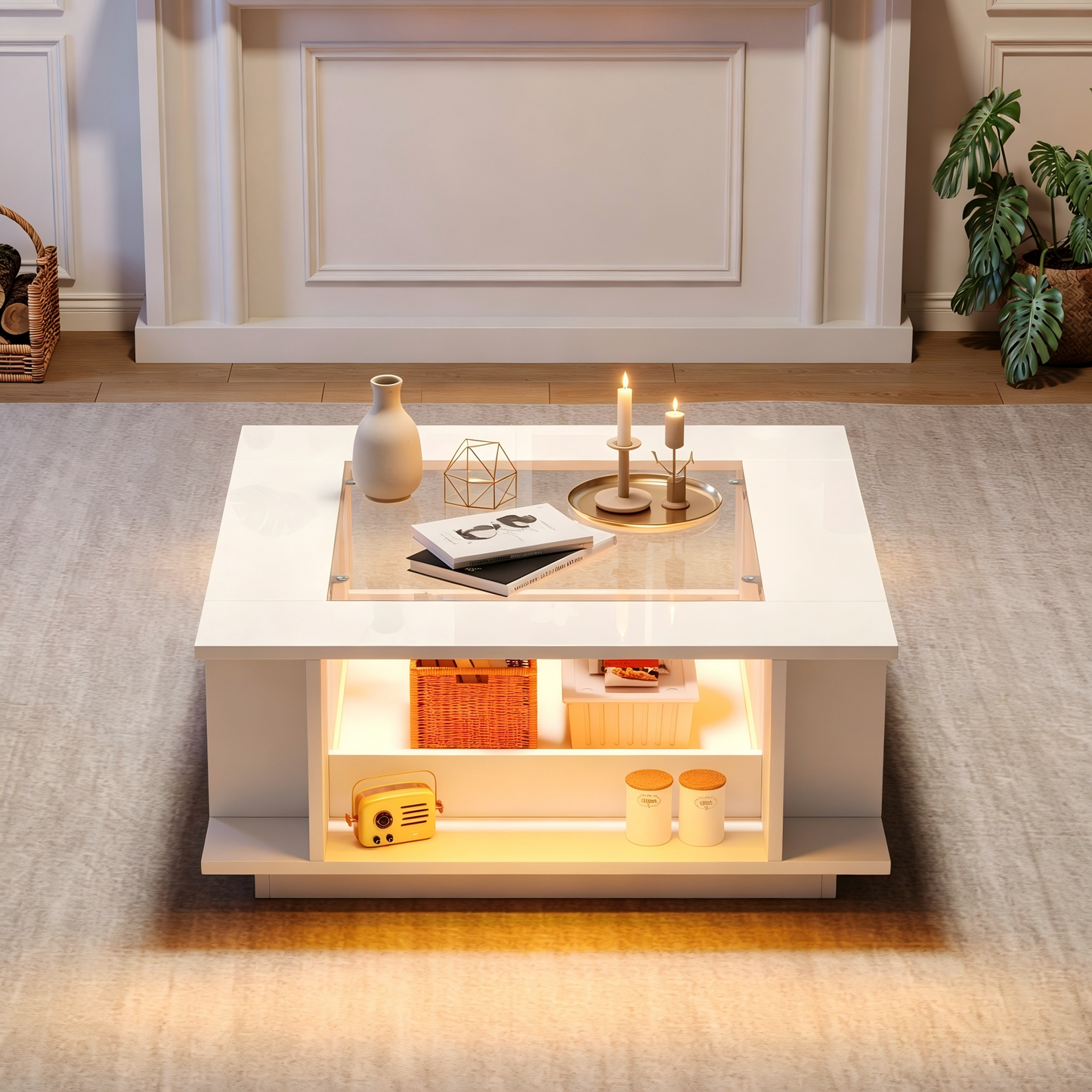 Coffee Table 70x70x30 Cm, Square Coffee Table In White With Glass Top, High-gloss Surface & LED Lighting, Side Table, Coffee Table, Living Room Table Made Of Chipboard, Loadable Up To 30 Kg