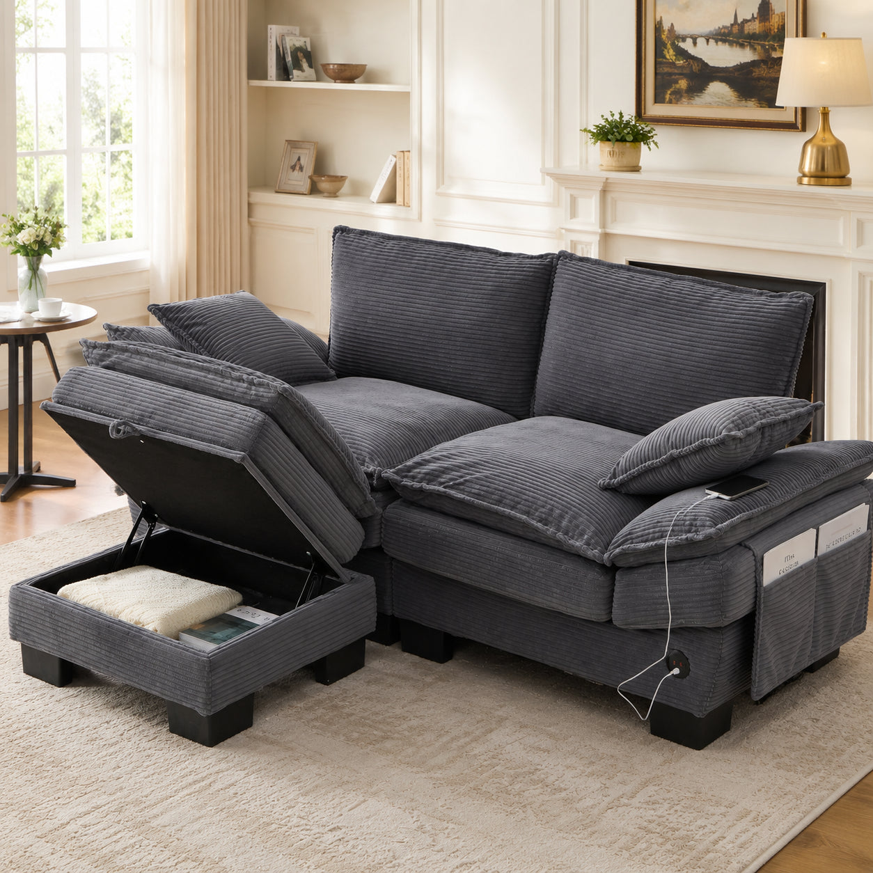 Modular Sofa With Wide Seat Surface For 2 People, Ergonomic Design, High-density Foam Cushioning, USB-C Port And Side Pockets. Ideal For Living Room, Office Or Lounge. Dark Gray