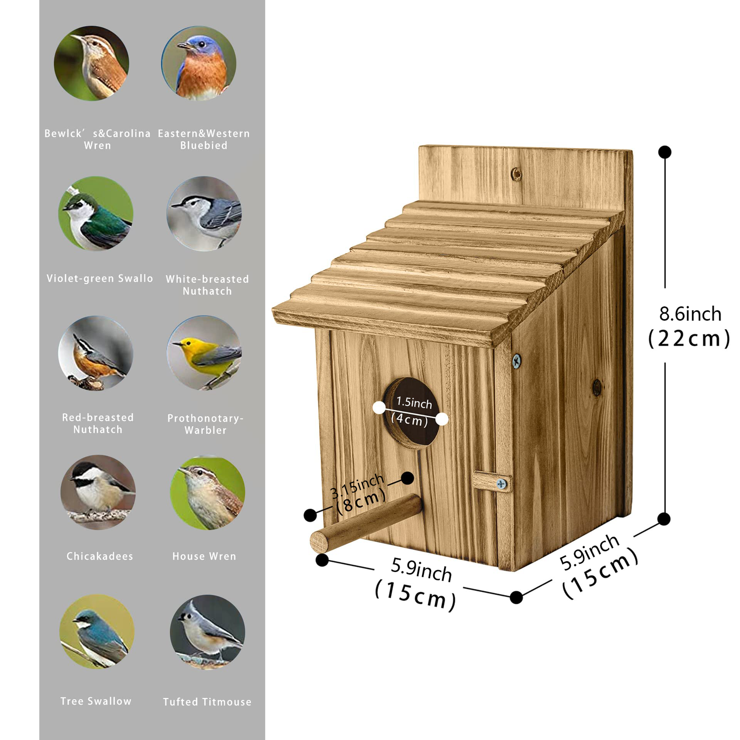 Wooden Bird House For Outside, Hanging Natural Wood Birdhouse With Perch, 1.5in Entrance & Side Clean-Out Door For Bluebirds, Wrens And Finches, Garden Decor