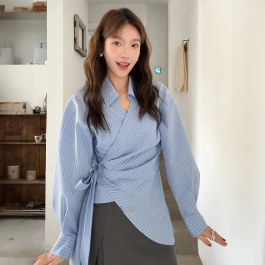Korean-style Designer Belted Striped Shirt With A Cinched Waist
