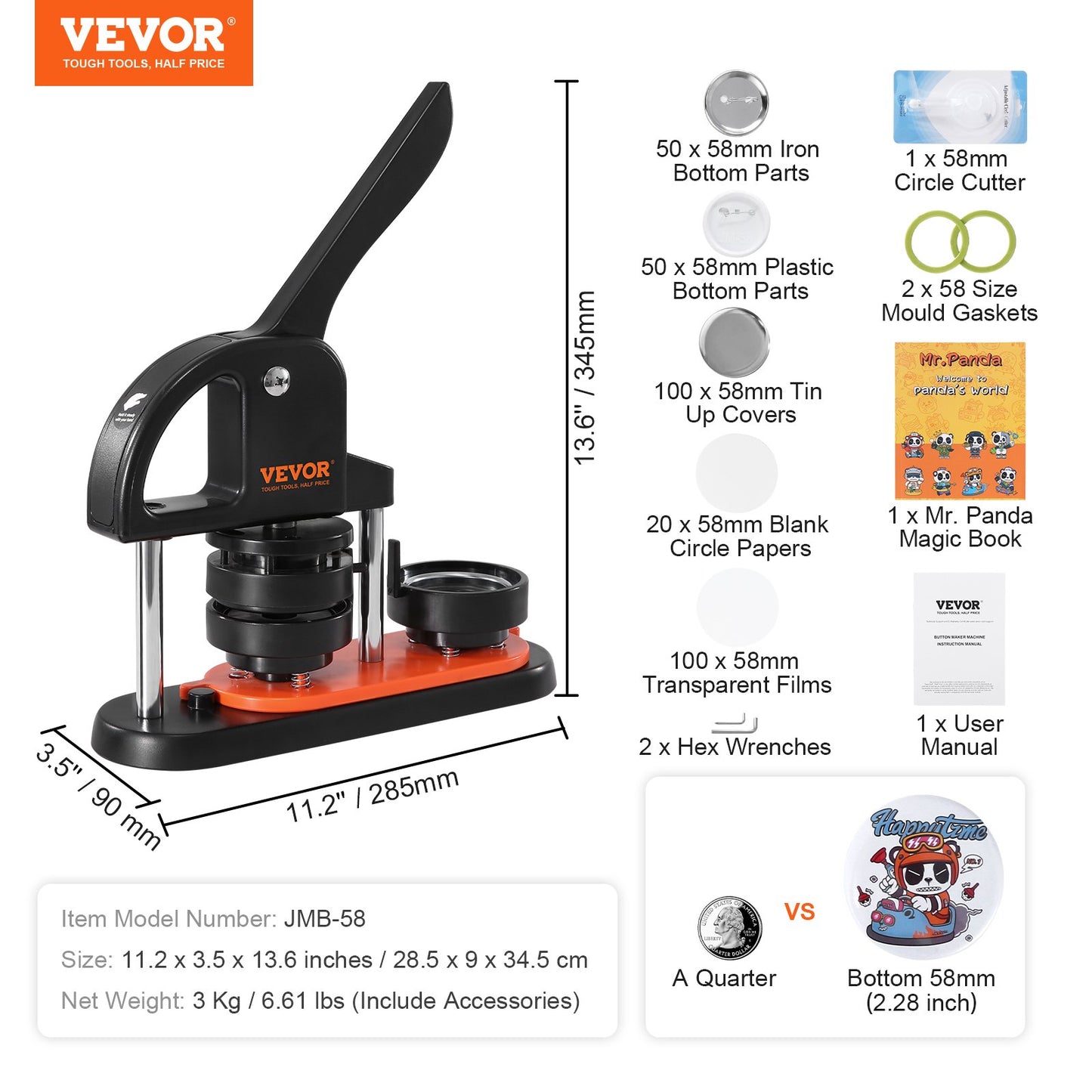 VEVOR Button Maker Machine, 2.28 Inch 58mm Pin Maker With 100pcs Button Parts, Ergonomic Arc Handle Punch Press Kit, Button Maker With Panda Magic Book, For Children DIY Gifts And Christmas