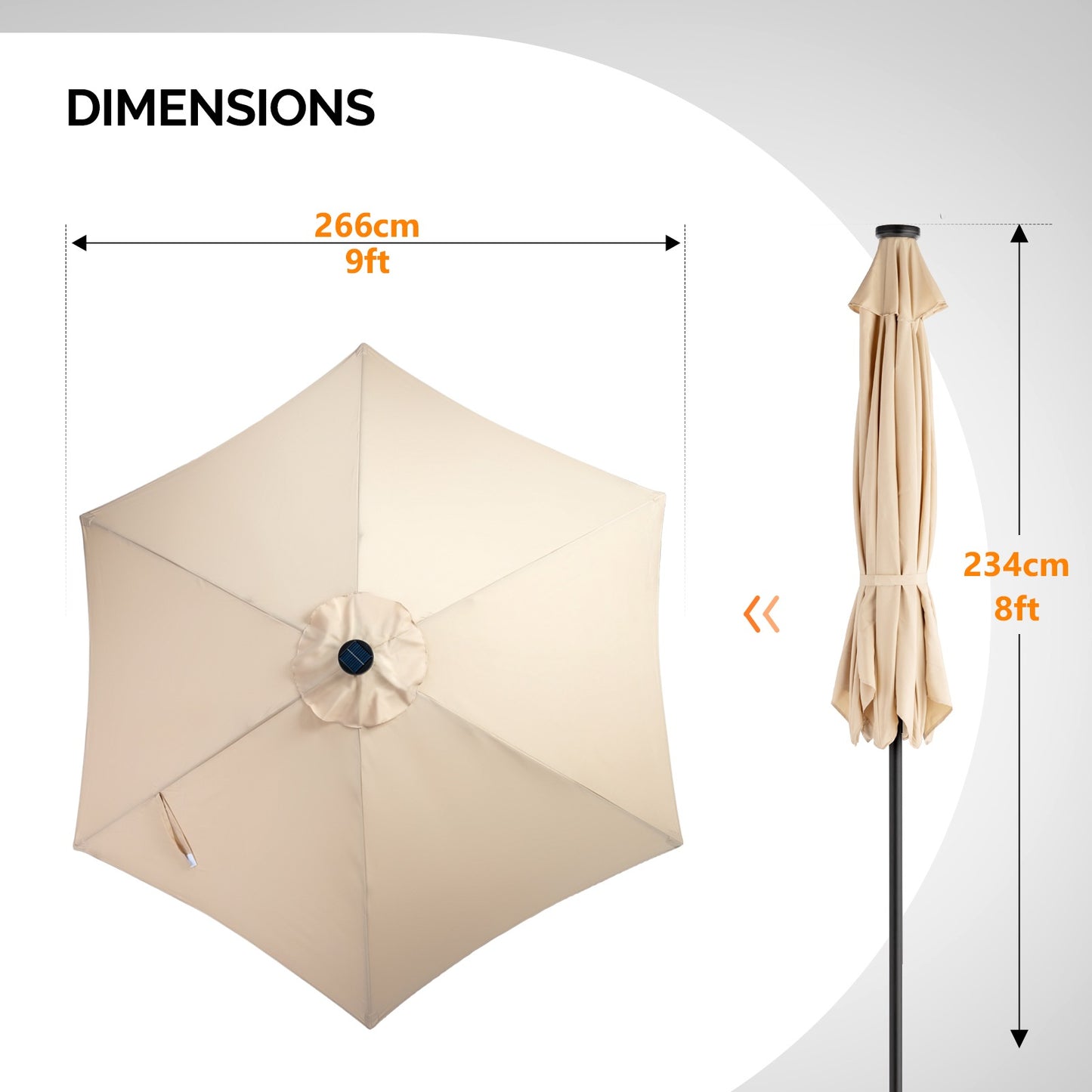 9ft Solar LED Patio Umbrella, 6-Rib Waterproof Outdoor Market Umbrella With Push Button Tilt & Crank, Sun Shade For Garden Pool Deck, Beige