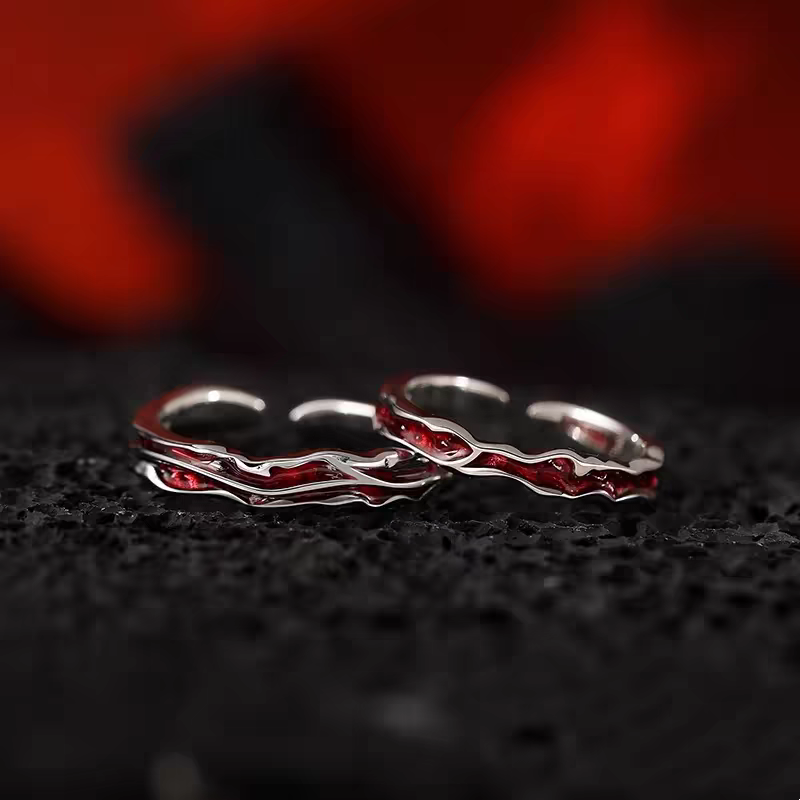 1 Pair 999 Sterling Silver Passionate Red Wave Couple Rings, Adjustable Open Promise Rings, Ideal Valentine's Day Gift For Lovers