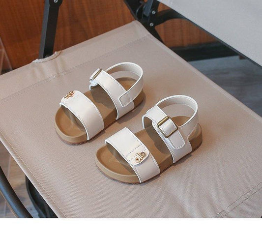 Girls' Fashion Letter Metal Button Sandals Korean Version Baby Velcro Single Shoes Girls' Leather Shoes