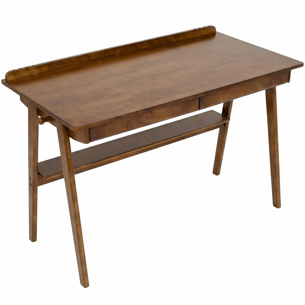 Solid Wood Writing Desk, Home Office Desk For Small Spaces, Mid Century Modern Desks With 2 Drawers & Storage Shelf, Standing Desk With Side Hooks For Study, Bedroom, Office  Walnut