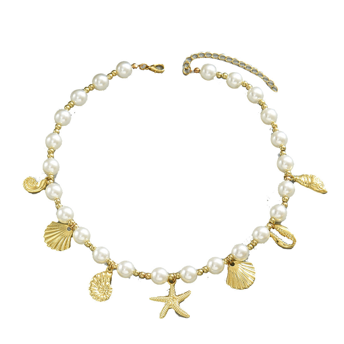 New European American Ocean Style Women Necklace, Niche Metal Pendant Chain With Starfish, Shell & Faux Pearl Design, Versatile Daily Neck Accessories