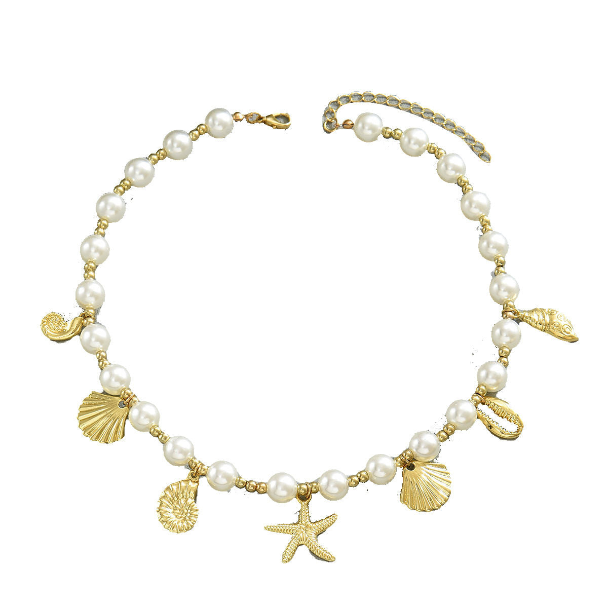 New European American Ocean Style Women Necklace, Niche Metal Pendant Chain With Starfish, Shell & Faux Pearl Design, Versatile Daily Neck Accessories