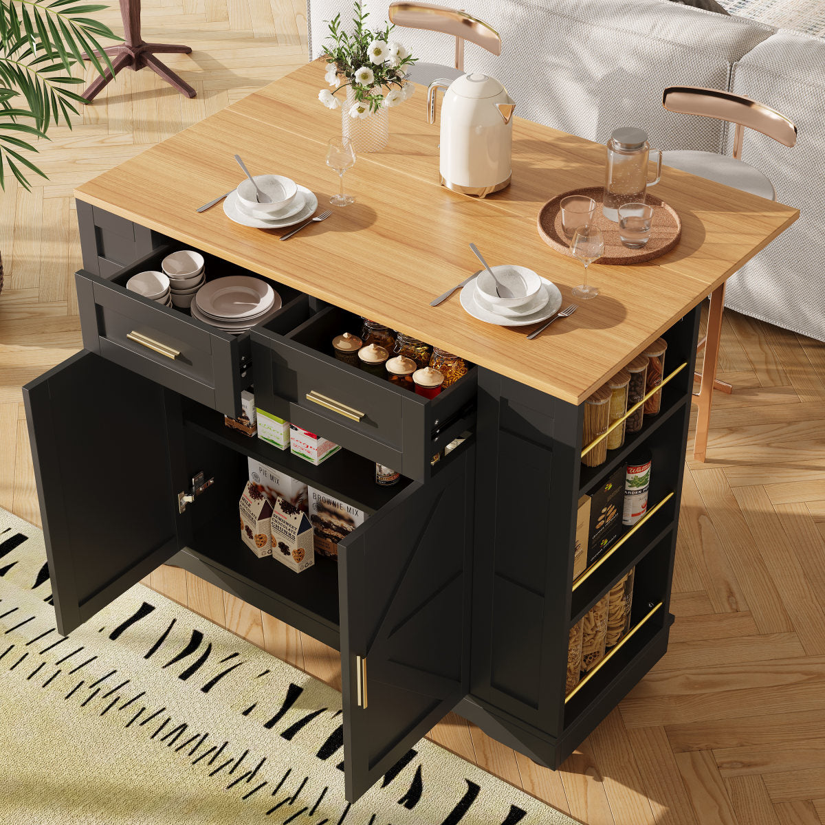 Kitchen Island On Wheels, Rolling Island Cart With 2 Drawers And Double-Sided Storage Racks, Storage Cabinet With Foldable Worktop, Mobile Carts, Portable Trolley For Home And Kitchen, Black