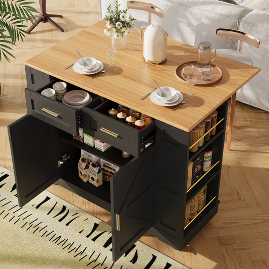 Kitchen Island On Wheels, Rolling Island Cart With 2 Drawers And Double-Sided Storage Racks, Storage Cabinet With Foldable Worktop, Mobile Carts, Portable Trolley For Home And Kitchen, Black