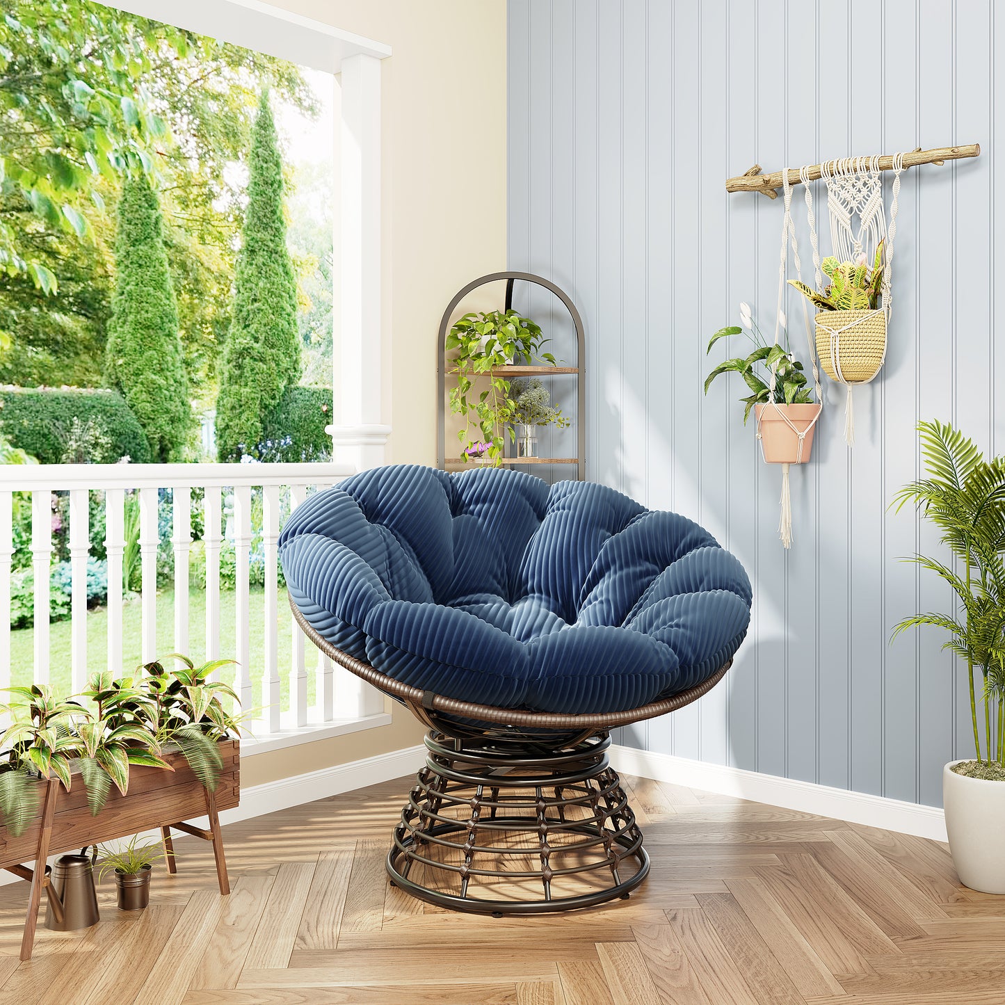 Comfortable Ergonomic Wicker Papasan Chair, 360 Swivel Indoor Outdoor Rattan Chair With Soft Thick Cushion, Ideal For Living Room, Bedroom, Reading Room, Brown Frame With Navy Blue Cushion  Comforta