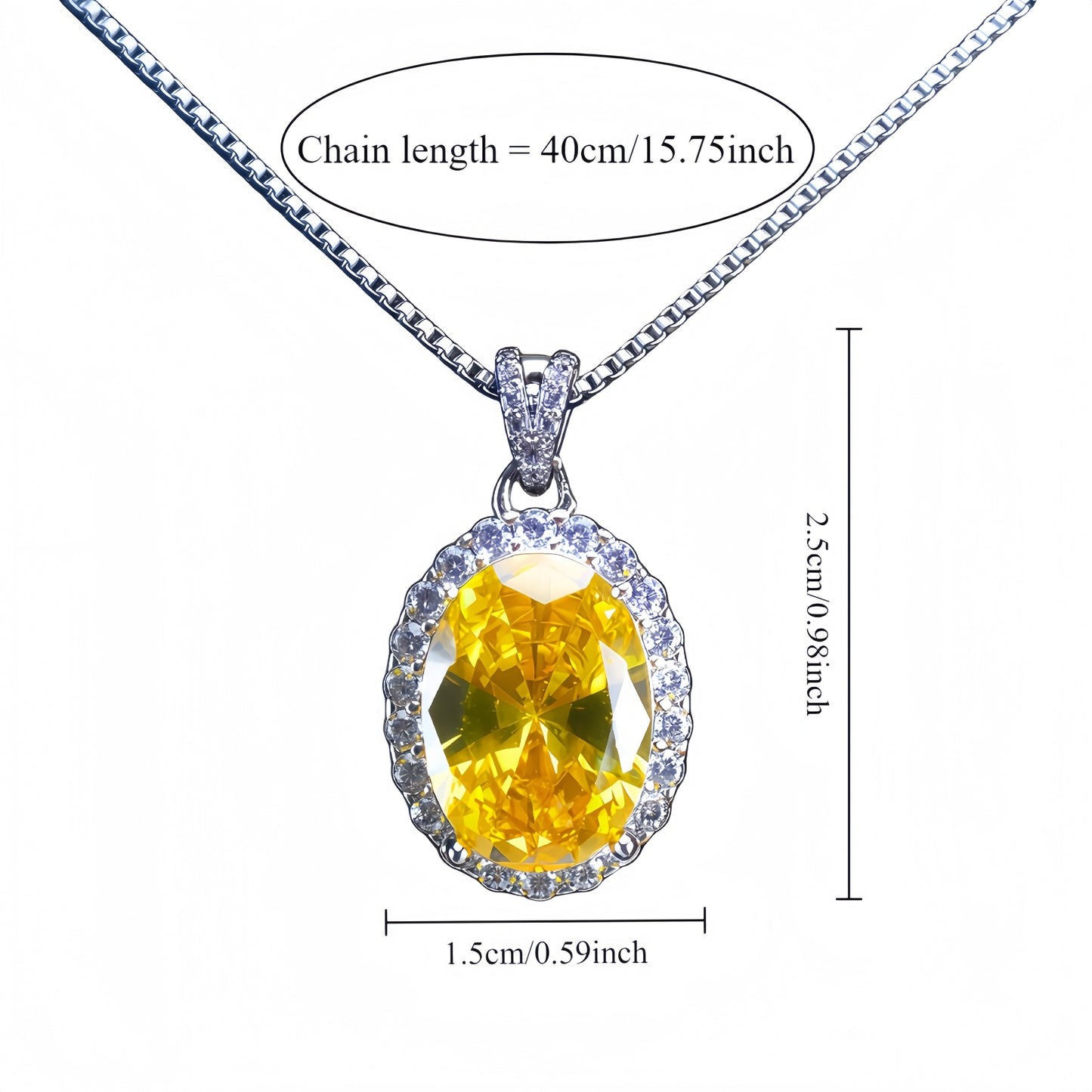 Oval Cut Yellow Citrine CZ Halo Pendant Necklace For Women, Copper Plated Silver Full Pave White Cubic Zirconia Vintage Wedding Bridal Statement Jewelry Gift