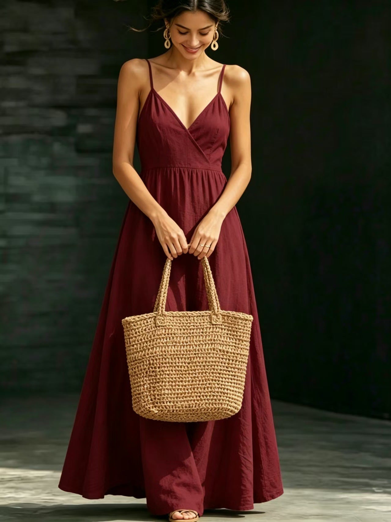 Summer V-Neck Spaghetti Strap Maxi Dress With Pockets - Elegant Vacation & Office Wear For Women