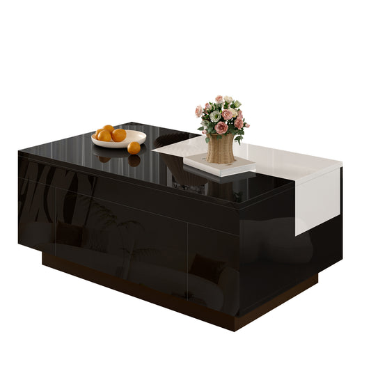 High-gloss Coffee Table With LED Lighting, Extendable Black And White Tabletop, Hidden Storage And 16-colour Adjustable Light Strip - The Ideal Choice For A Stylish Living Room