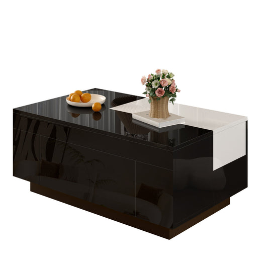 High-gloss Coffee Table With LED Lighting, Extendable Black And White Tabletop, Hidden Storage And 16-colour Adjustable Light Strip - The Ideal Choice For A Stylish Living Room