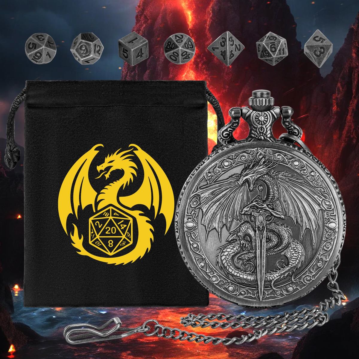 DND Style Mythical Winged Beast Sword Holding Relief Case, Retro Dice Storage Set, Desktop RPG Fantasy Accessories, High Quality Zinc Alloy DND Dice Suitable For Desktop RPG And Board Games