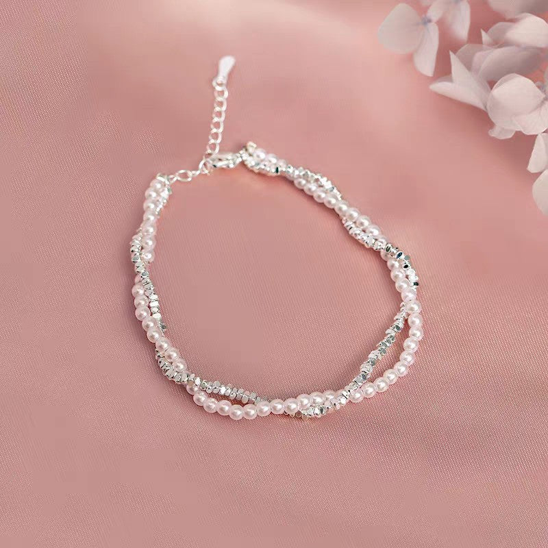 1pc 999 Sterling Silver Pearl & Crushed Silver Double-Layer Bracelet, Delicate Style, Perfect For Daily Wear And Valentine's Gift
