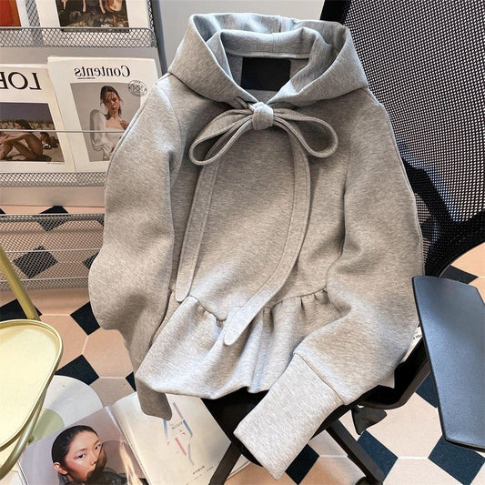 Womens Korean-style Gray Hoodie With Bow-Tie Straps