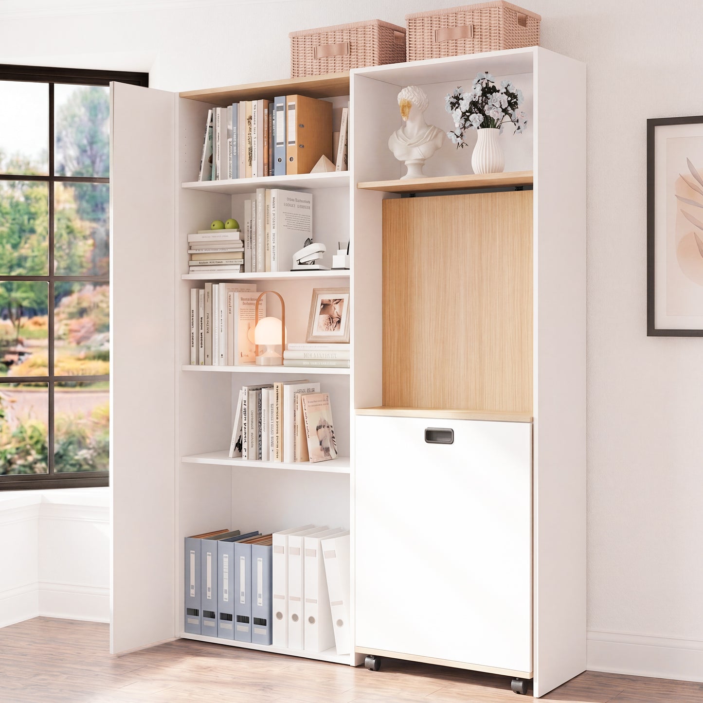 Folding Desk With Shelves  2-in-1 Bookshelf And Desk, Foldable, With Power Outlet And USB Port, Height-adjustable Shelves, Anti-tip Device, White Desk, Corner Desk Left