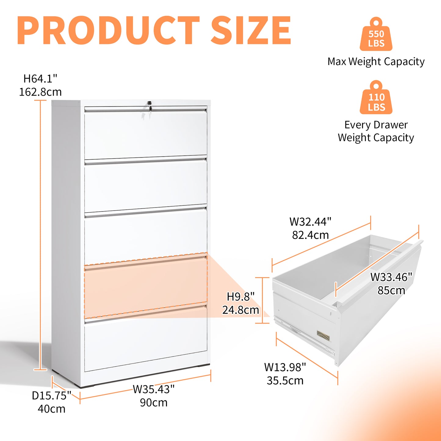5 Drawer Metal Lateral File Cabinet , White Filing Cabinet With Lock, Lockable File Cabinet For Home Office, Locking Metal File Cabinet For Legal Letter A4 F4 Size