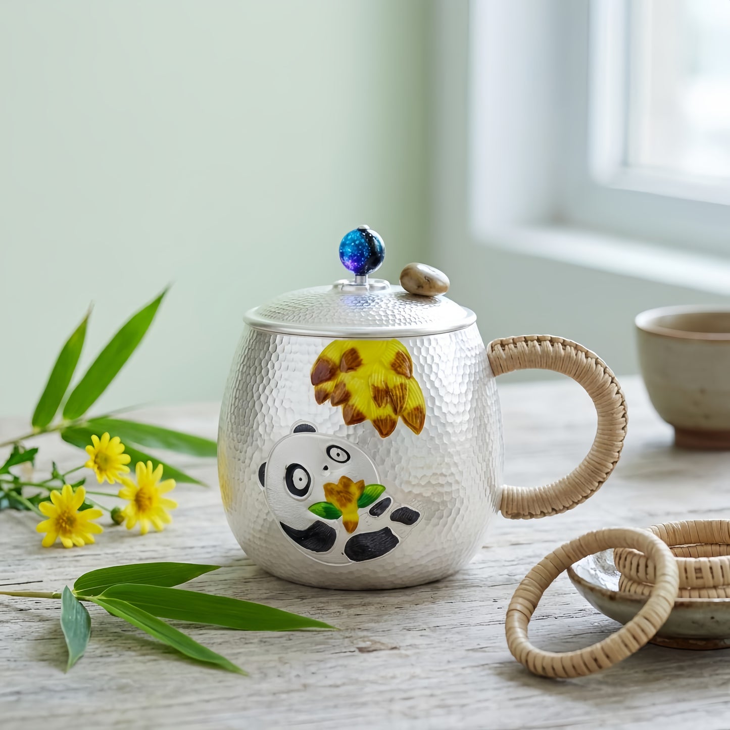 925 Sterling Silver Panda Teapot with Hammered  Finish, Woven Handle, and Cosmic Lid Knob-Premium Tea Mug - Handicraft