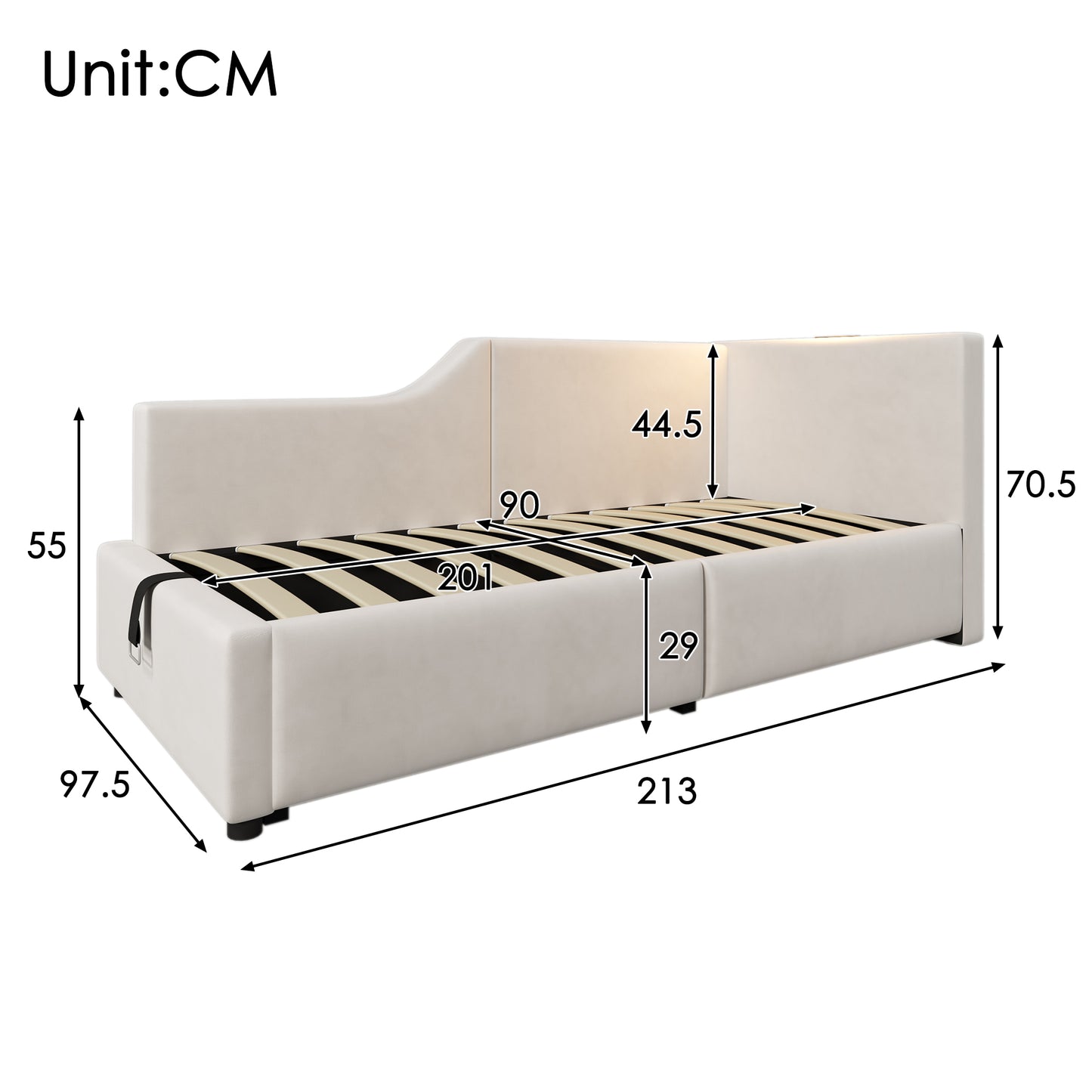 Upholstered Bed Daybed Daybed 90x200cm, Sofa Bed With Hydraulic Storage, Reading Light Function And USB-C Charging Function, Children's Bed Bed Frame With Slatted Base Made Of Wood, Velvet, Beige