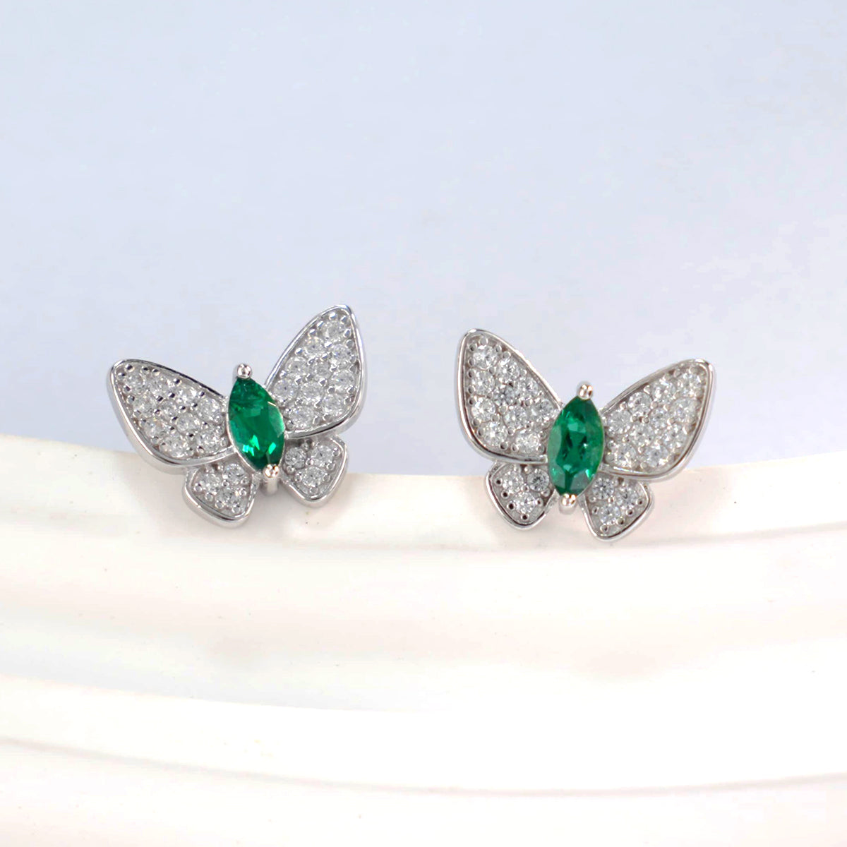 S925 Sterling Silver Butterfly Stud Earrings, 5x2.5mm Marquise Lab-Grown Ruby Sapphire Emerald, Platinum Plated 1.7g Fine Jewelry Gift Box