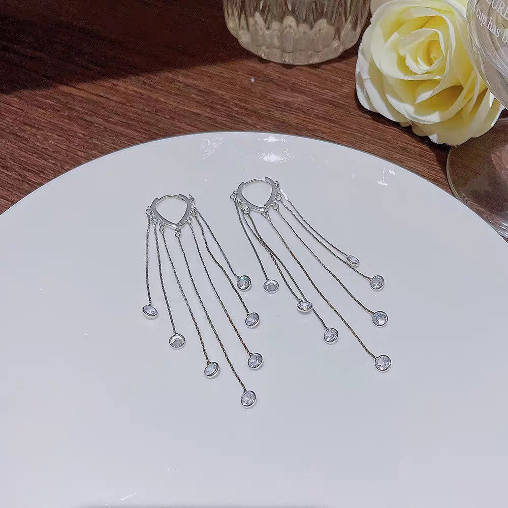 1 Pair 999 Sterling Silver Long Tassel Crystal Earrings, Luxurious Elegant Style, Perfect For Parties & Valentine's Gifts