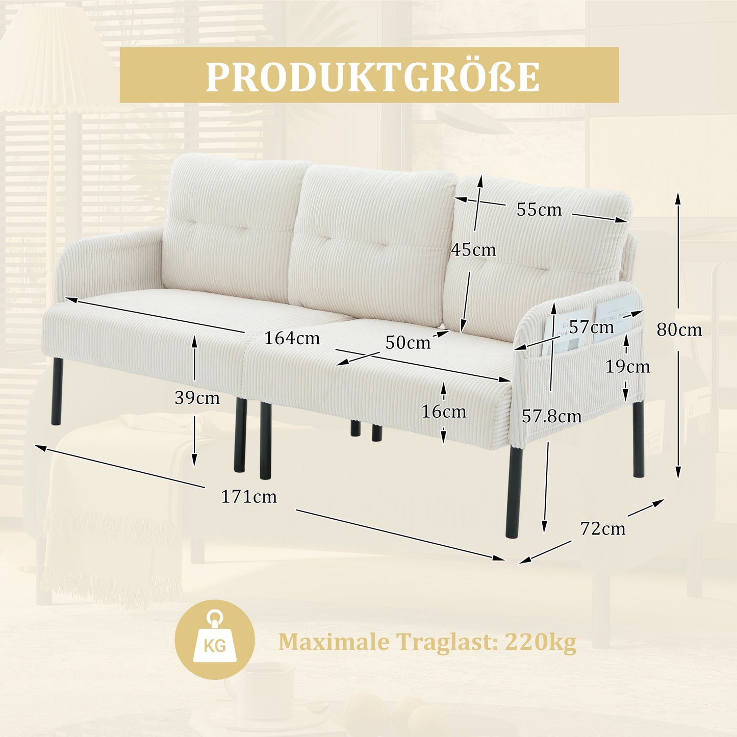 Corduroy Three-seater With Soft Comfort Upholstery, High Backrest And Practical Side Pockets. Sturdy Metal Feet And Sturdy Construction. Versatile For Living Room, Bedroom Or Home Office.