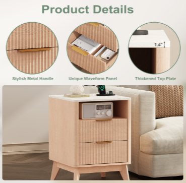 A Carved Bedside Cabinet With Charging Port, A Double-drawer Open Shelf Bedside Cabinet With Marble Countertop