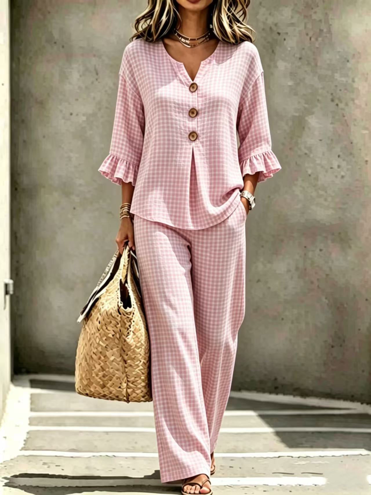 Womens New Casual Buttoned V-Neck Ruffled Hem Plaid Three-Quarter-Sleeve Top And Pants Set