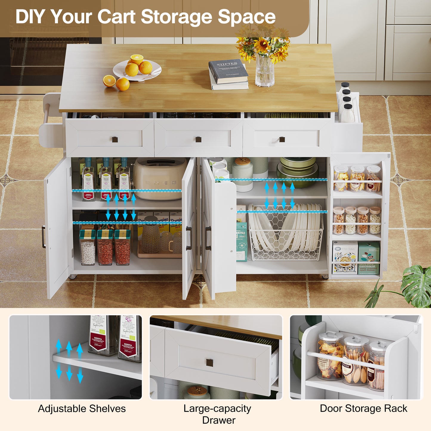 Kitchen Island With Foldable Countertop,  5 Lockable Wheels, 4 Doors, 3 Drawers, Door Shelf, Storage Racks, Towel Holder, Barn Style Design, White, 140x43 70 X90.5 Cm