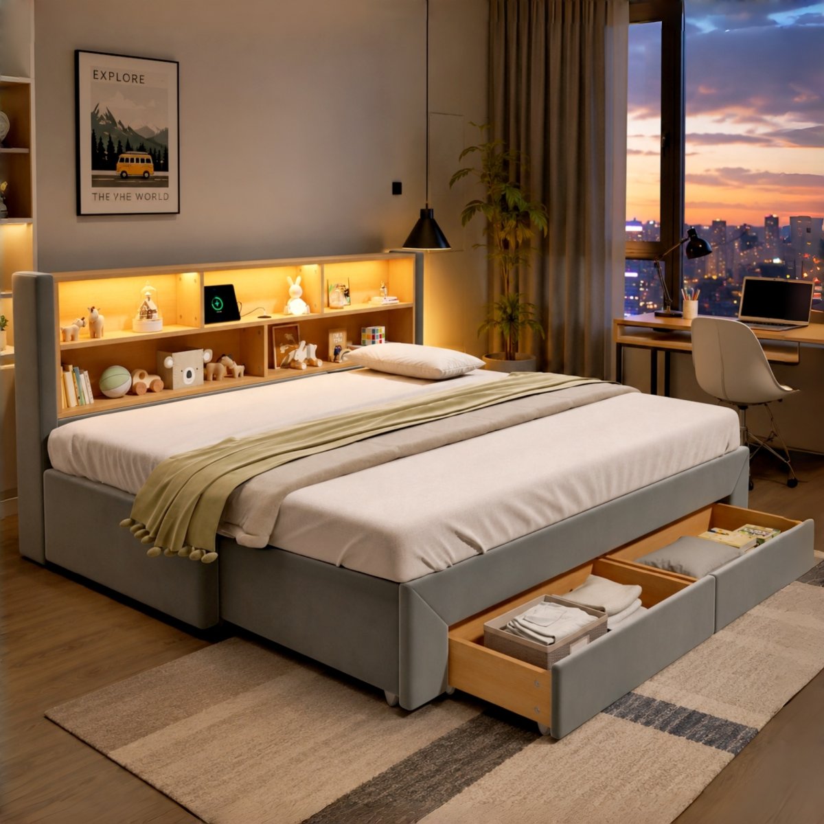 3FT Single Extendable Sofa Bed Frame 90 X 190 Cm, Convertible Pull-Out Guest Bed Extends To 180 Cm,  Daybed With LED Storage And Charging Headboard & 2 Underbed Drawers, Grey, Velvet