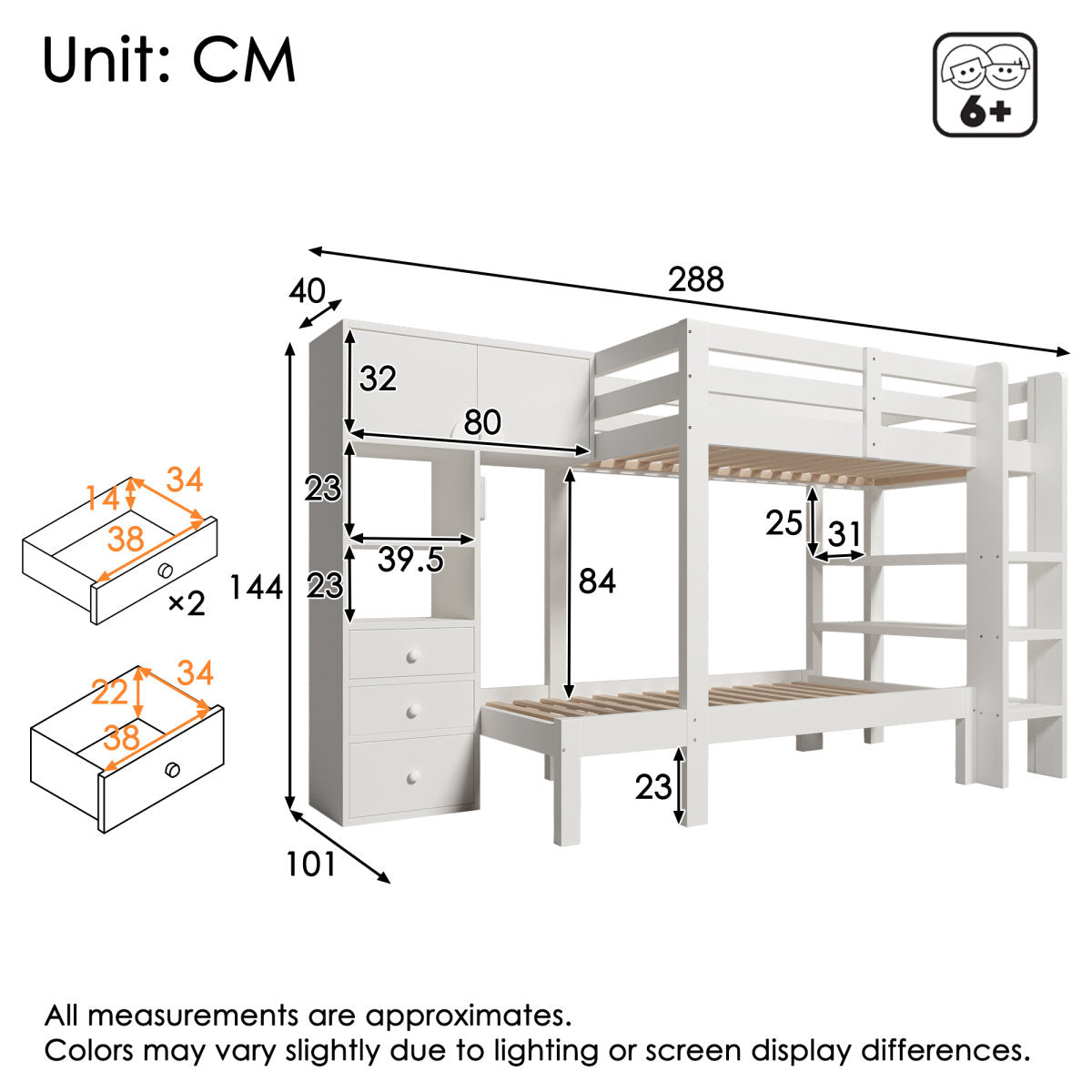 Bunk Bed 90x200 Cm With Smart Night Light, Offset Design With Wardrobe, Shelf & Drawers, Generous Storage Space, 90x200 Cm, White, EN747-1 2024