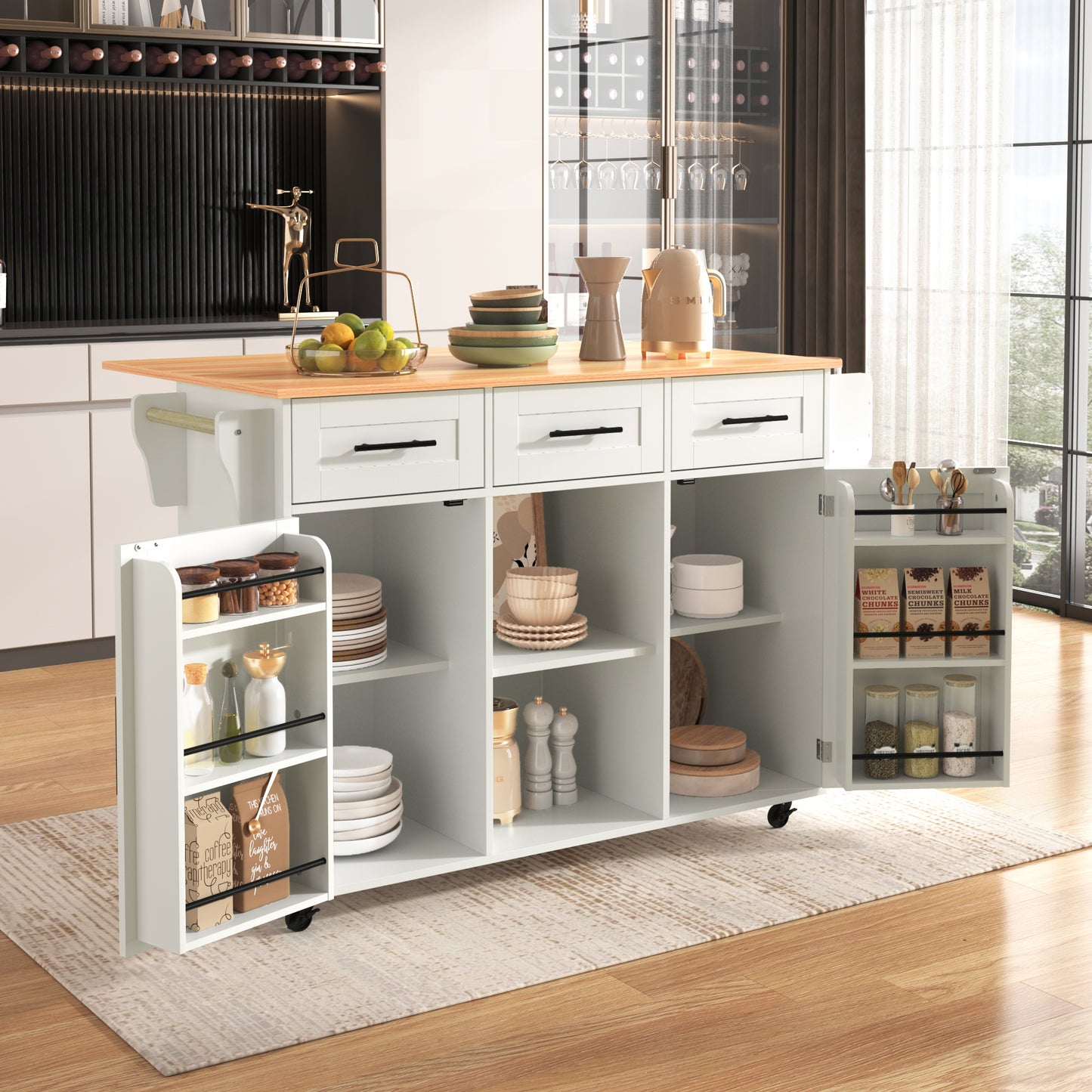 139x46 X91.5 Cm Large Dining Trolley Sideboard, White Body  Solid Wood Grain Worktop, Foldable Worktop, Storage Door, Castors, Interchangeable Solid Wood Feet, Suitable For Dining Room, Kitchen