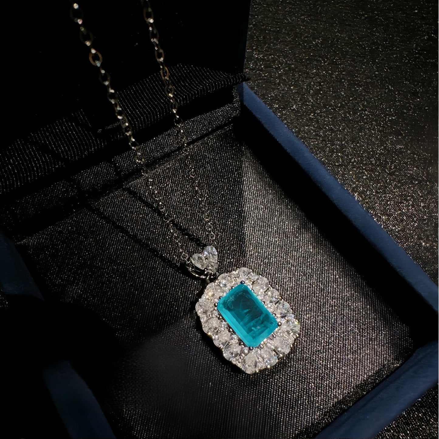 Cushion Cut Blue Cubic Zirconia Halo Pendant Necklace For Women, Copper Plated Silver Heart Bail White Pear Shape CZ Halo Statement Wedding Jewelry Gift