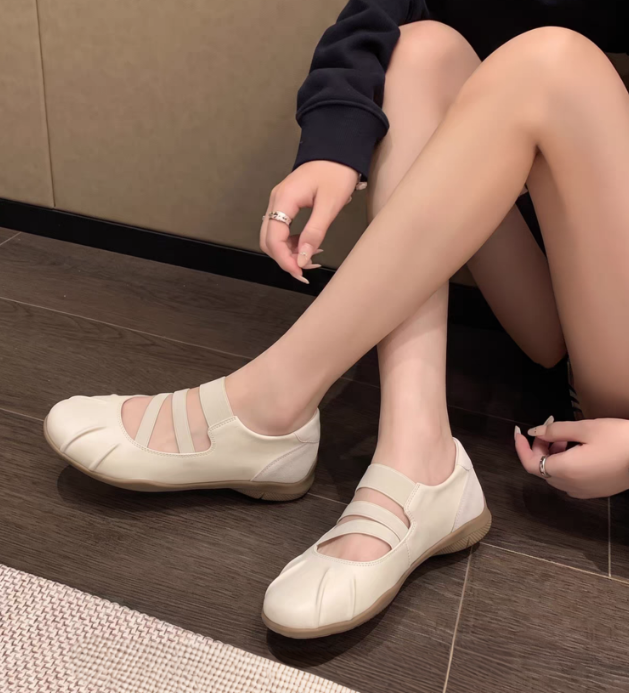 Women Summer New Flat Soft Leather Mary Janes, Versatile Hollow Out Shallow Mouth Ballet Style Casual Flats