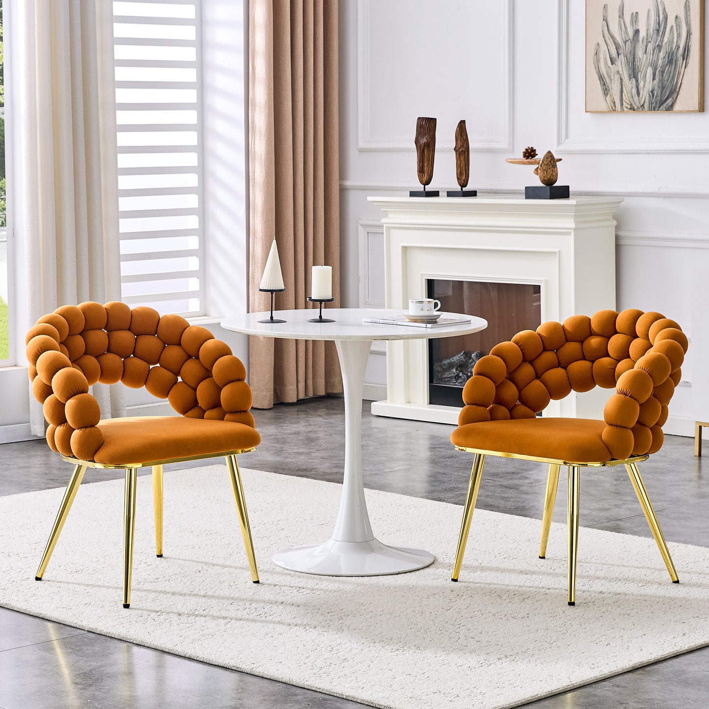 Set Of 2 Orange Puffy Bubble Chair Ball Chain Chair Velvet Dining Chairs With Gold Plated Legs, Modern Accent Chairs For Dining Room & Kitchen