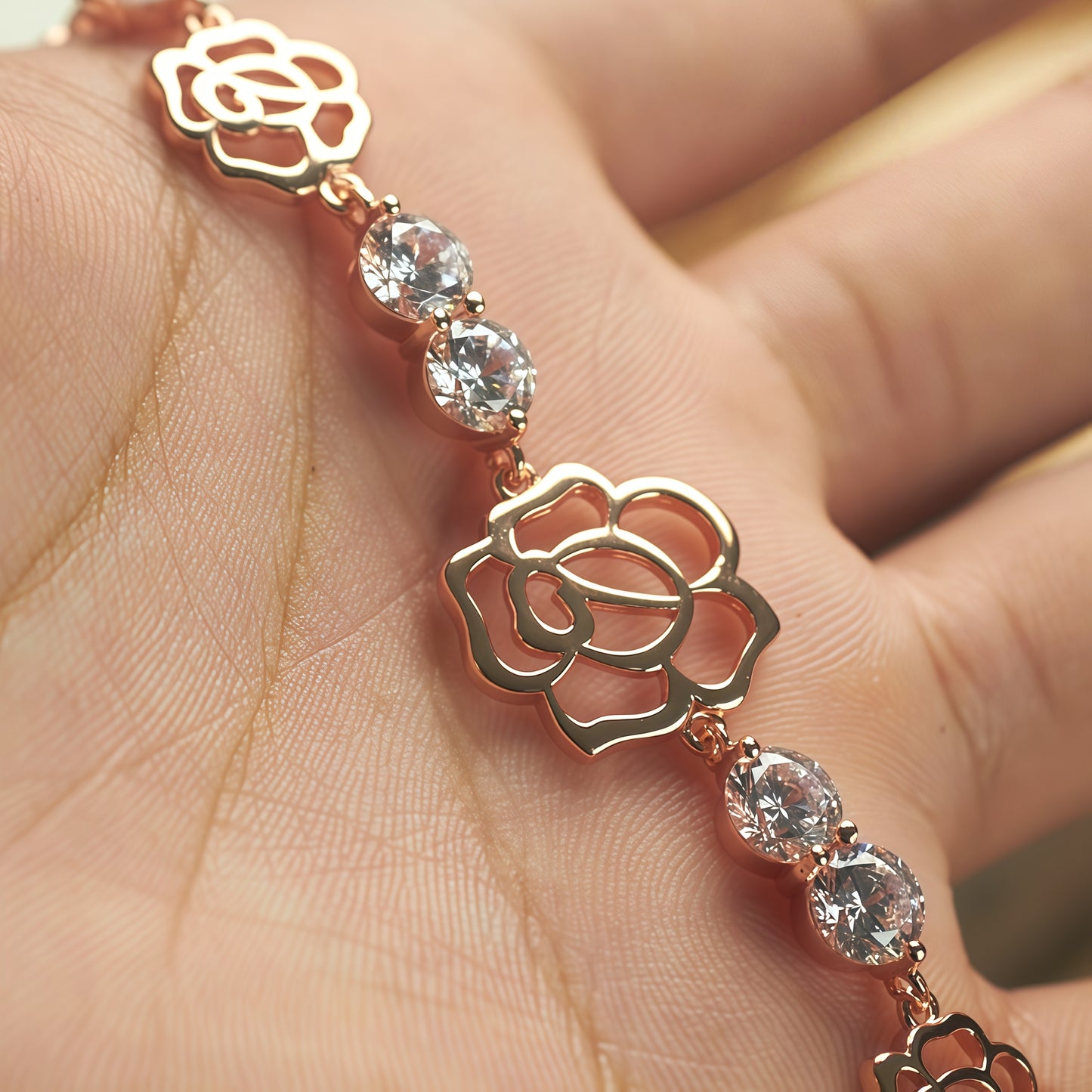 Rose Gold Openwork Rose Flower Cubic Zirconia Link Bracelet For Women, Copper Plated Silver Adjustable Extension Chain Floral Dainty Wedding Daily Jewelry Gift