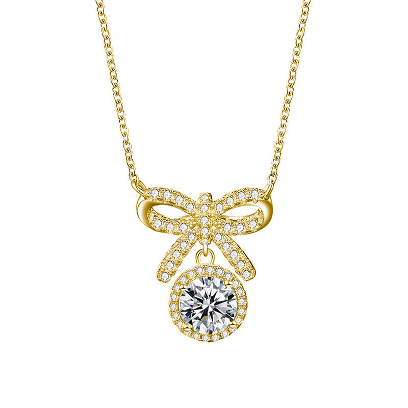 S925 Sterling Silver 1ct D Color VVS1 Moissanite Bow Necklace 45cm Platinum Gold Plated GRA Certified Gift Box
