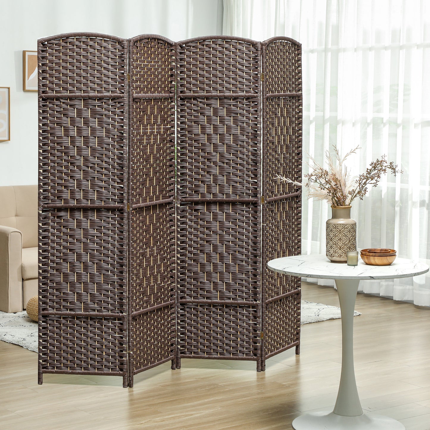 Folding Room Divider Screen 4 Panel 6 Tall Privacy Screen Freestanding Wood Partition for Home Office, Brown