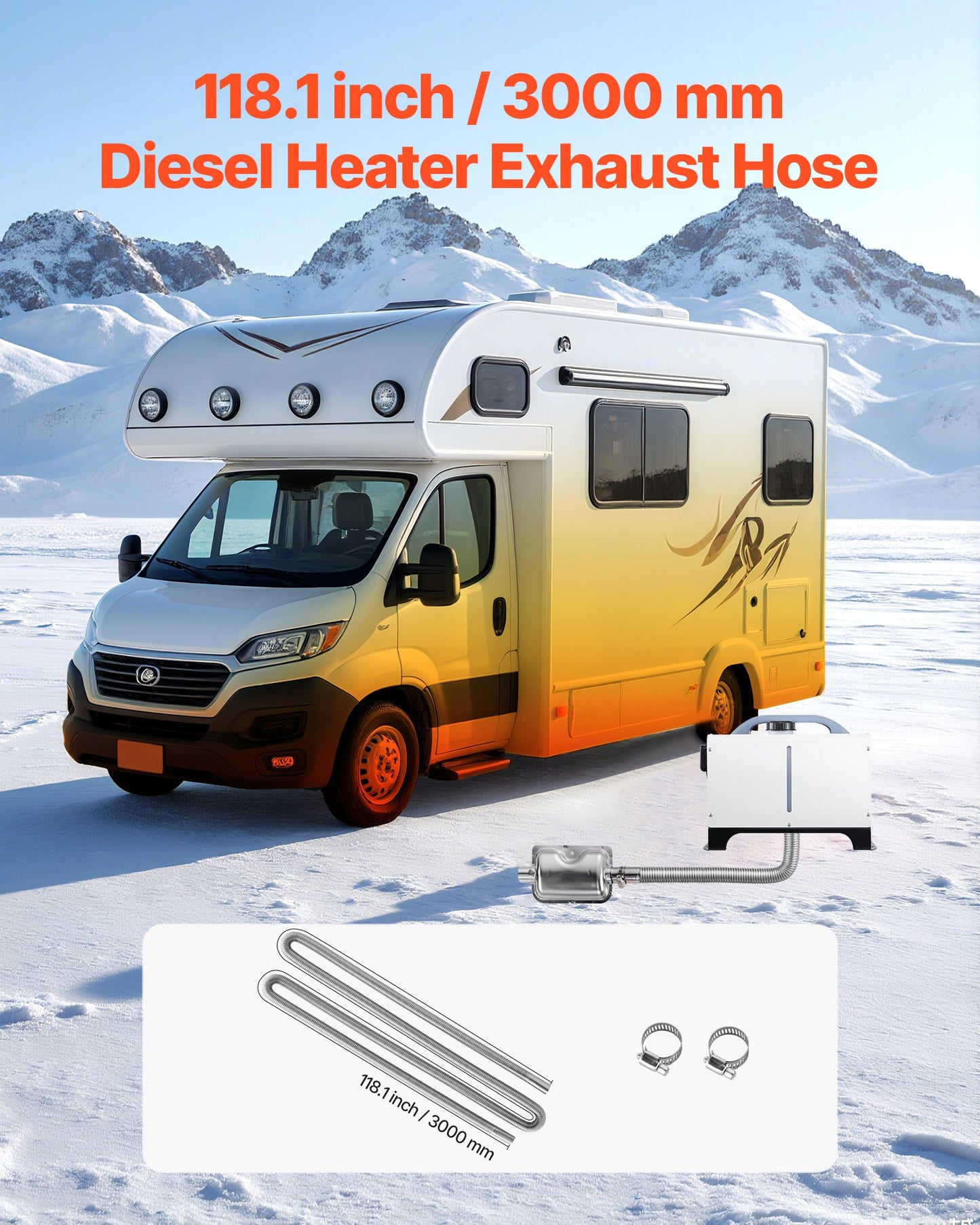 Exhaust Hose, 118.1 Inch Stainless Steel Exhausts Hose, Diesel Heater Flexible Exhaust Pipe With 2 Hose Clamps, Exhausts Hoses Kit Diesel Heater Accessories For 2KW 5KW 8KW Diesels Heaters