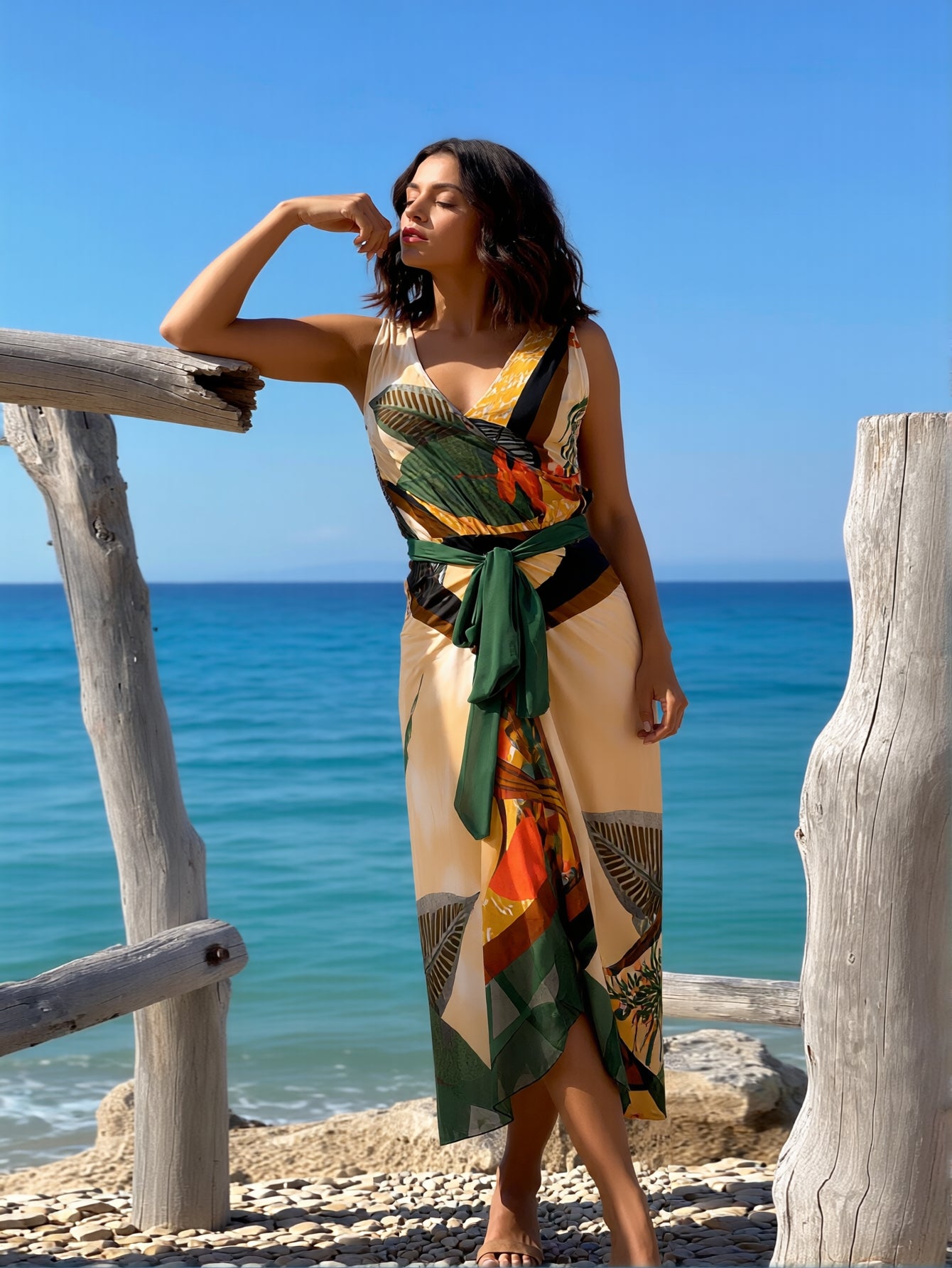 2026 New Vintage Tropical Leaf Print V Neck Sleeveless Waist Tie Midi Dress Women Split Elegant Vacation Maxi Dress